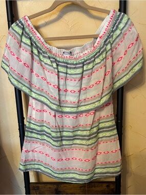 Astars White Off-Shoulder Tunic with Pink & Green Stripes Size M